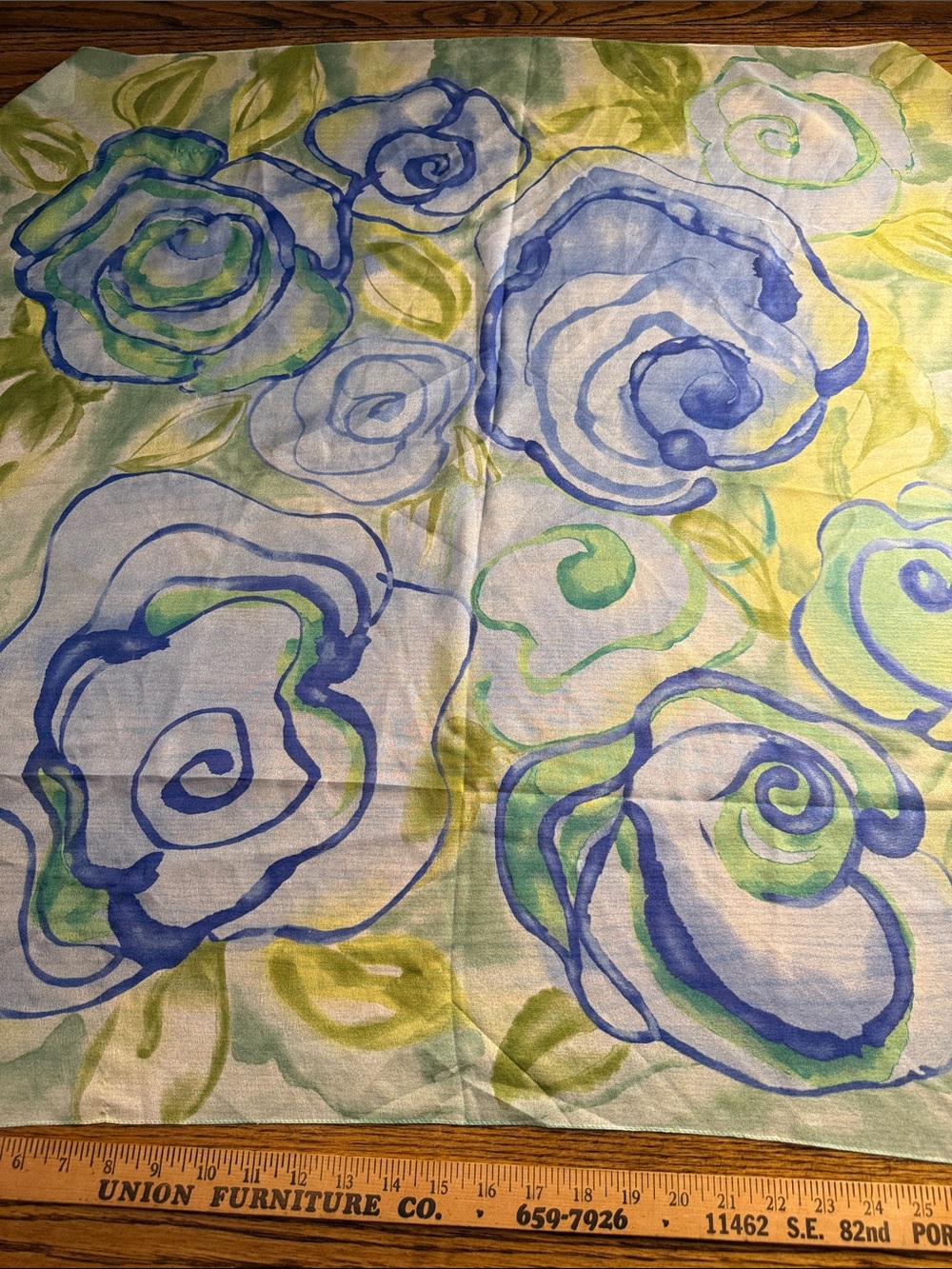 Watercolor Floral Scarf Oversized Blue Green Sheer 33 Inch Square Vintage
